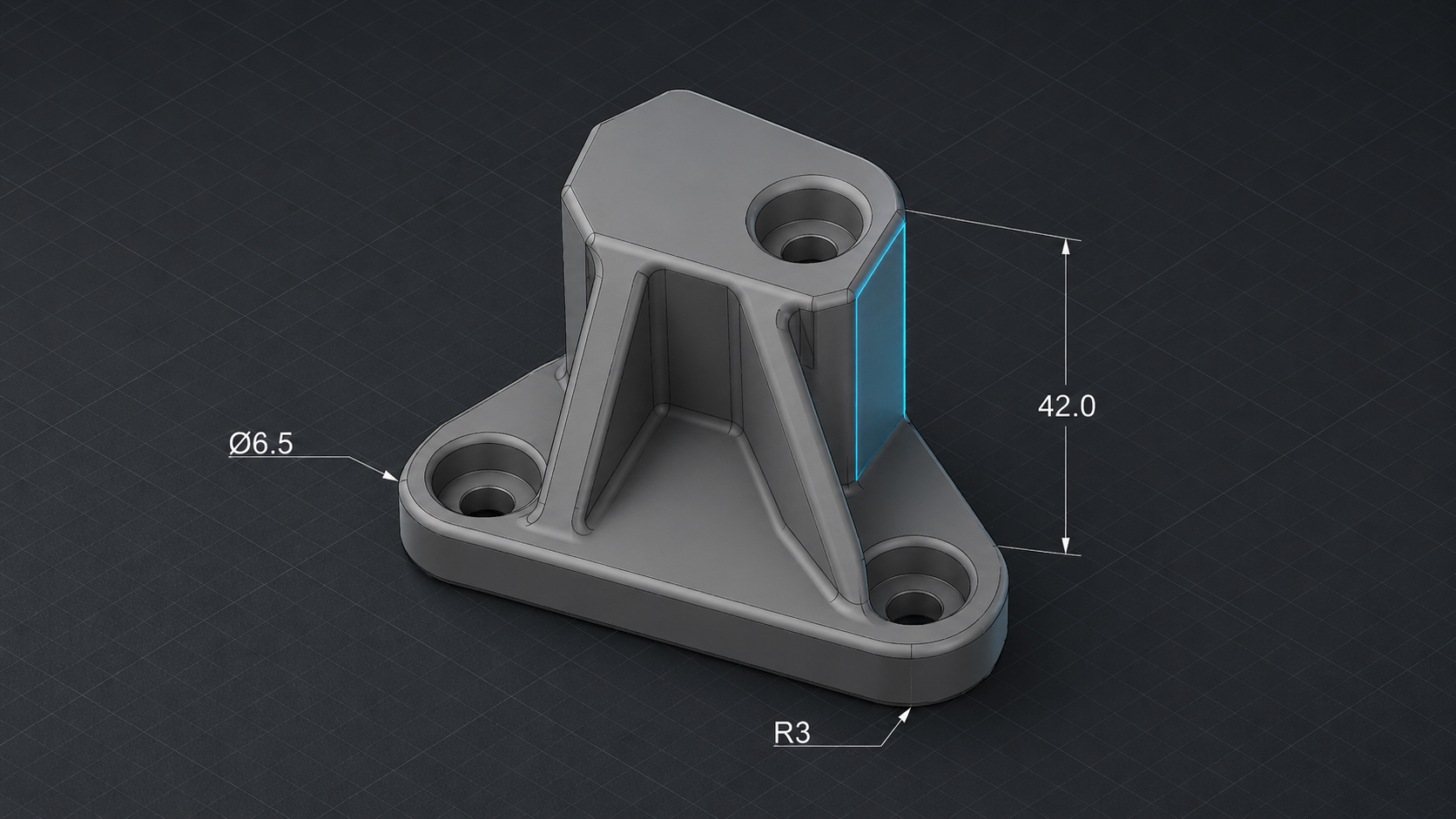 CAD model of the same bracket in the design software with dimension callouts