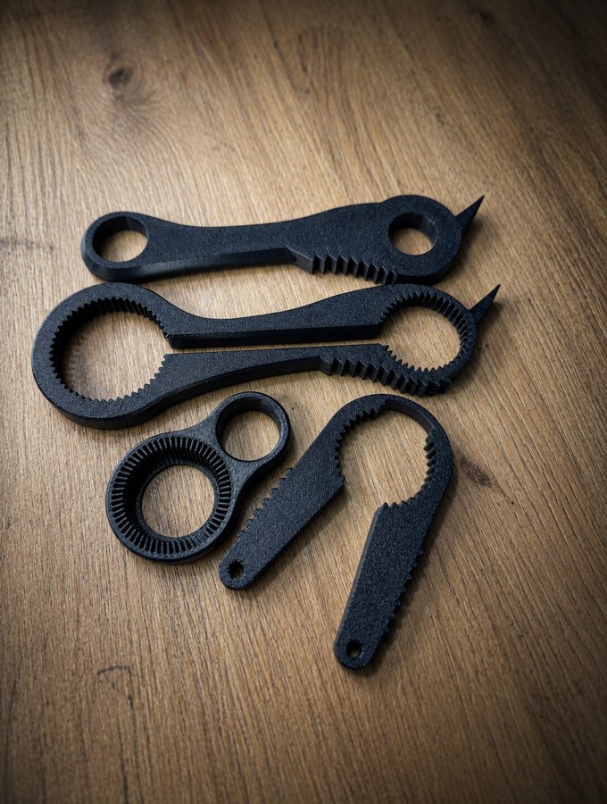 Black 3D-printed gear-clamp tools