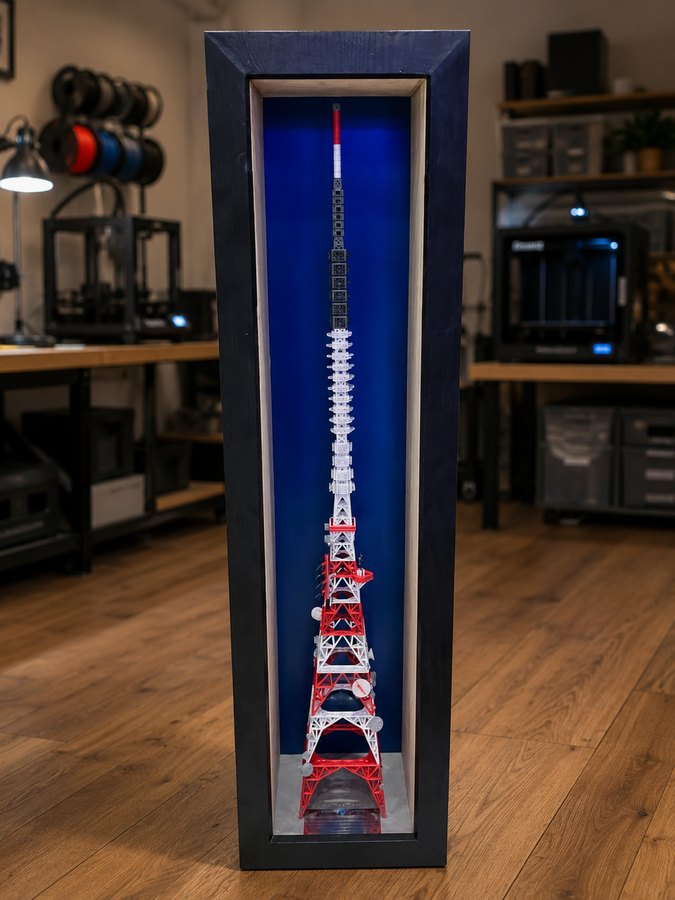 Detailed red and white 3D-printed tower model